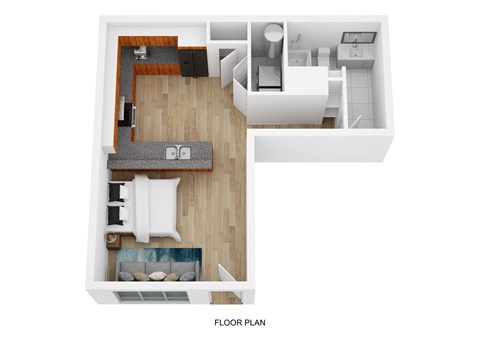 A floor plan of a small apartment with a living room, kitchen, and bathroom.
